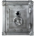 Industrial metal side table hatch wheel layered structure.