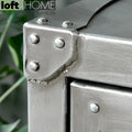 Industrial metal side table hatch wheel in details.