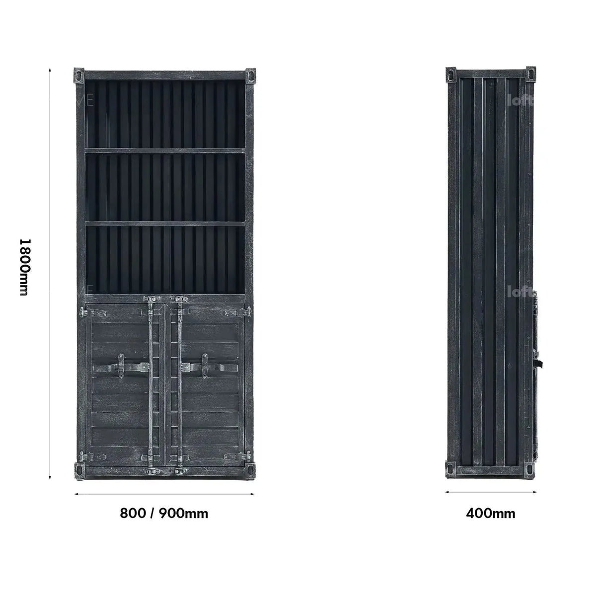 Industrial metal storage bookshelf container size charts.