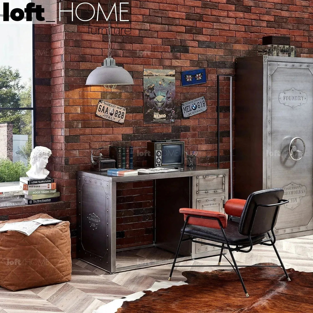 Industrial metal study table hatch wheel in real life style.