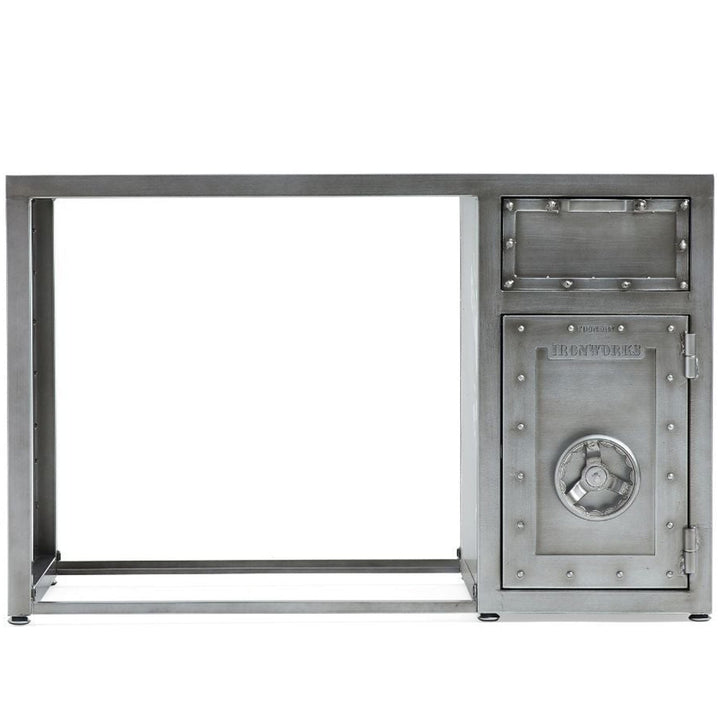 Industrial metal study table hatch wheel in white background.