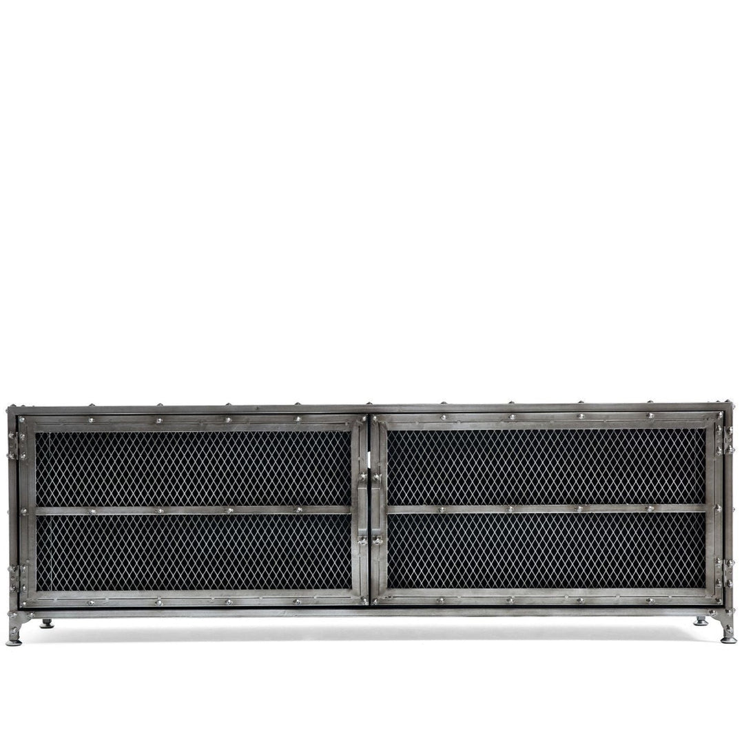 Industrial metal tv console bernz in white background.