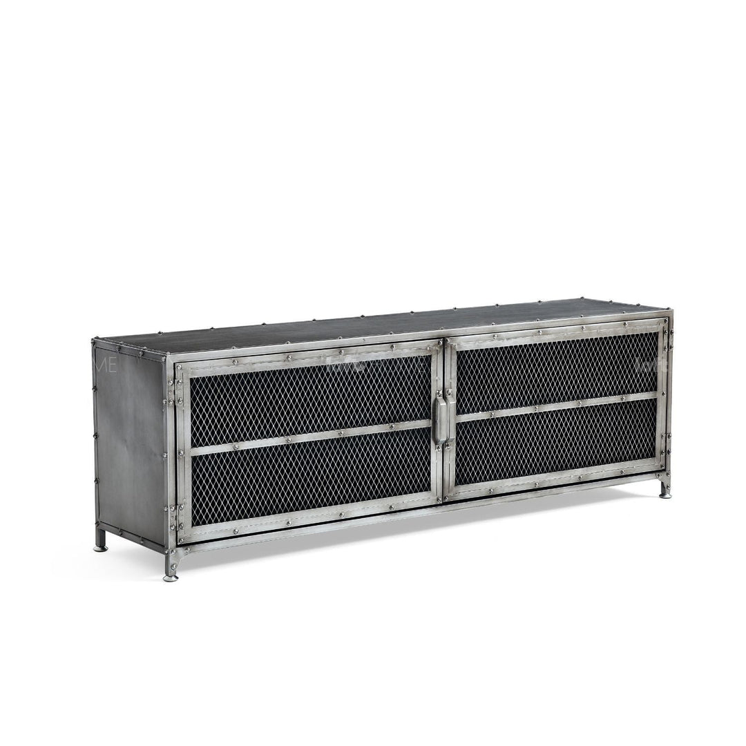 Industrial metal tv console bernz with context.