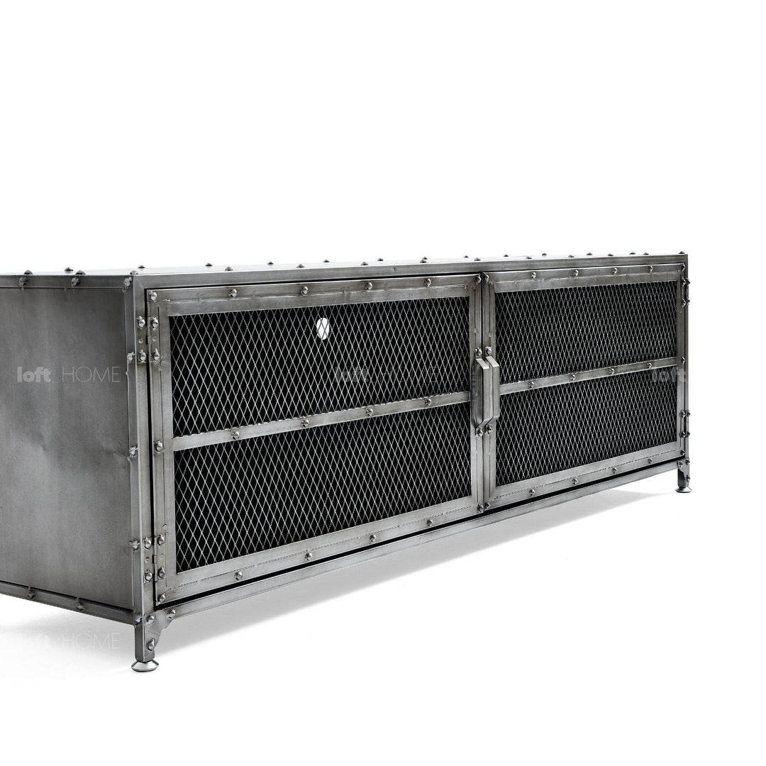 Industrial metal tv console bernz in panoramic view.