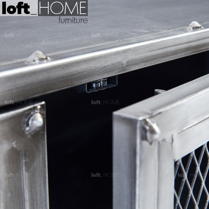 Industrial metal tv console bernz in close up details.