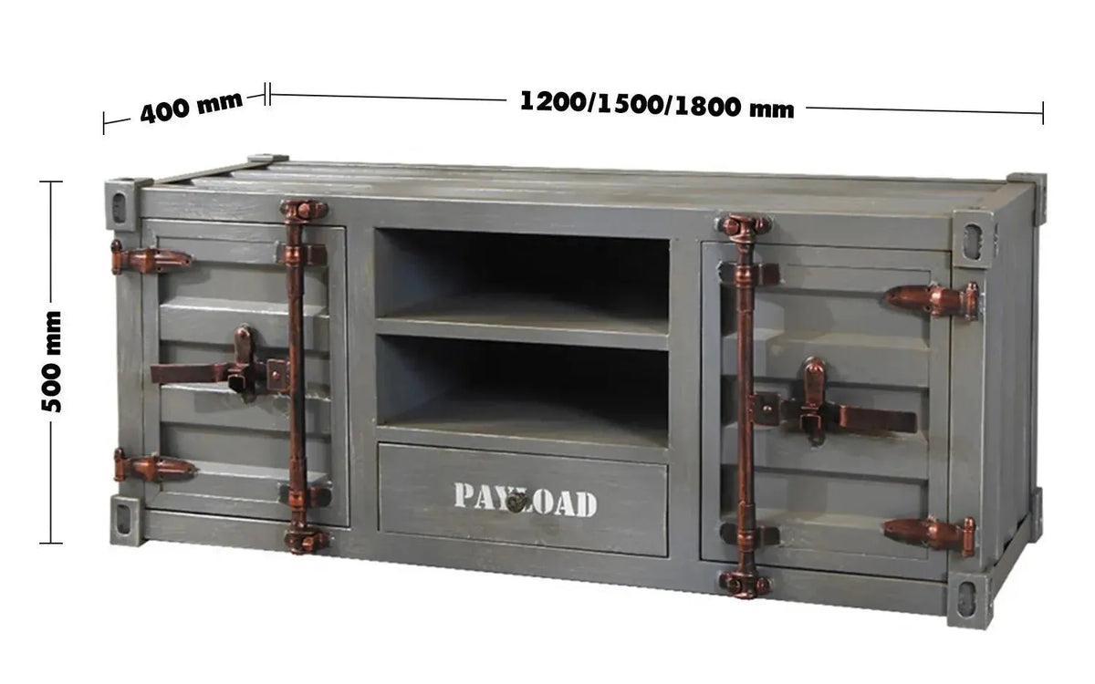 Industrial metal tv console container size charts.