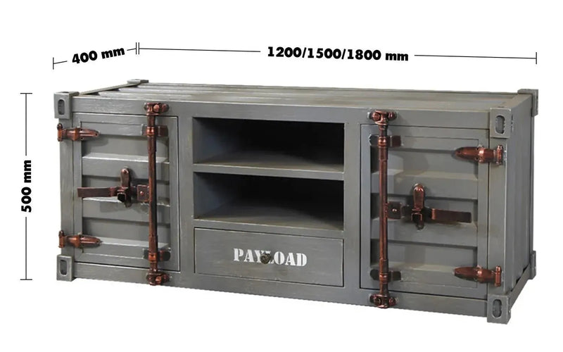 Industrial metal tv console container size charts.