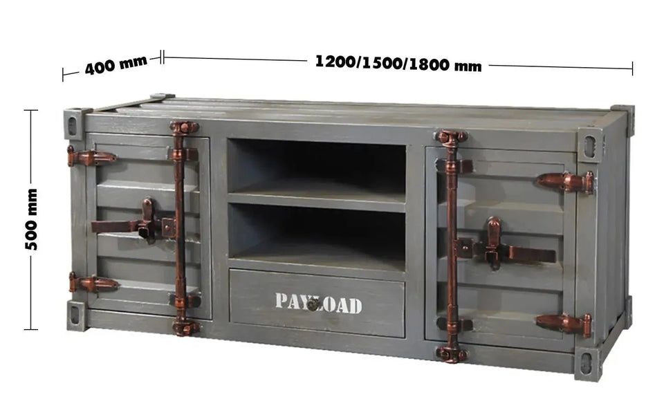 Industrial metal tv console container size charts.