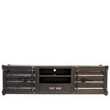 Industrial metal tv console container in white background.