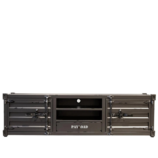Industrial metal tv console container in white background.