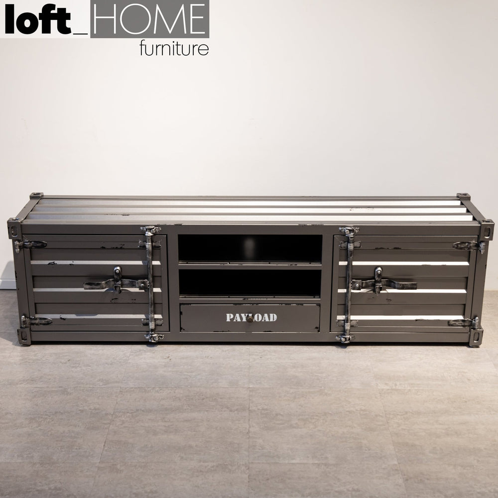 Industrial metal tv console container primary product view.