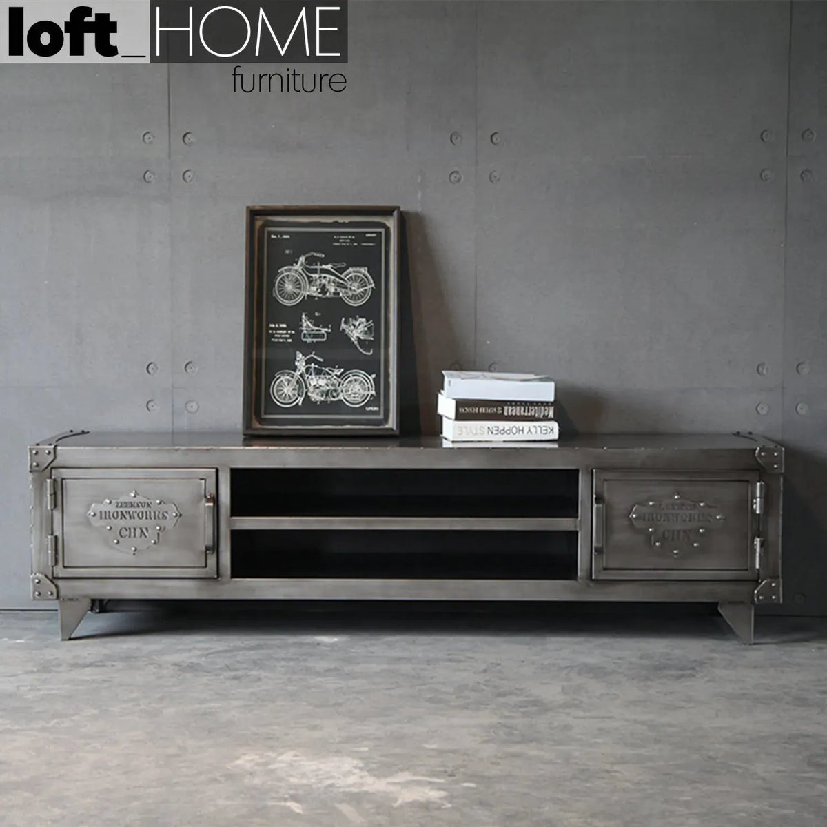 Industrial metal tv console hatch wheel in real life style.