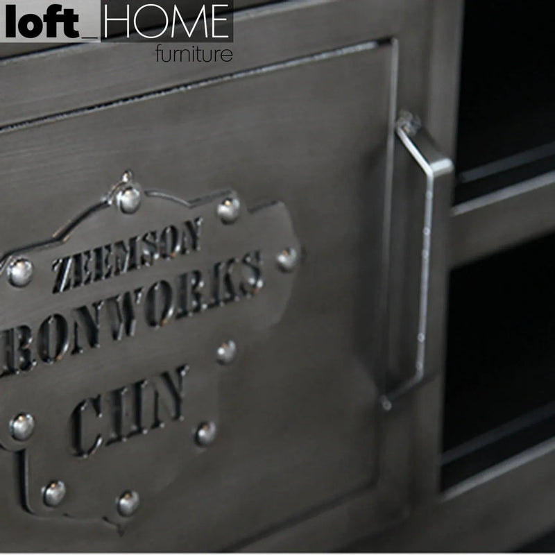 Industrial metal tv console hatch wheel in details.