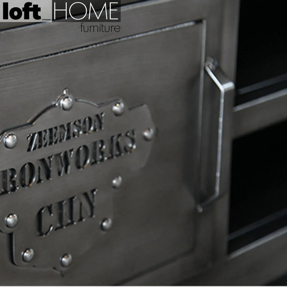 Industrial metal tv console hatch wheel in details.