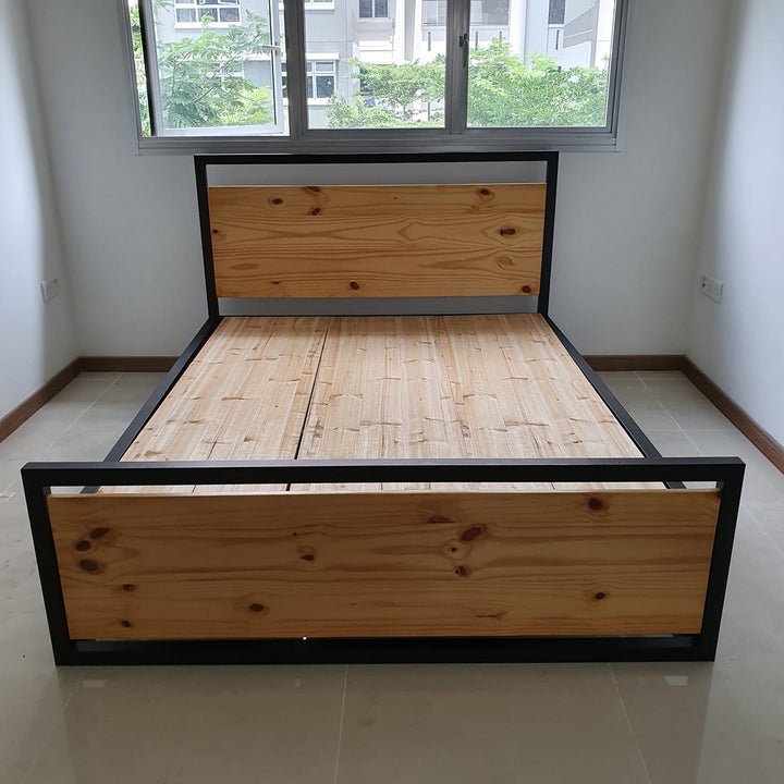 Industrial pine wood bed classic conceptual design.