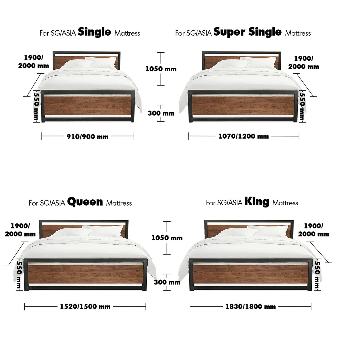 Industrial pine wood bed classic size charts.