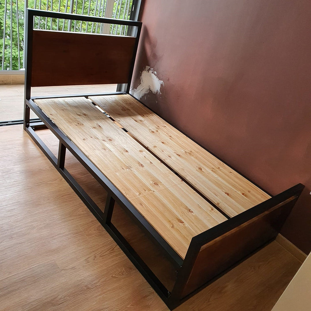 Industrial pine wood bed classic layered structure.