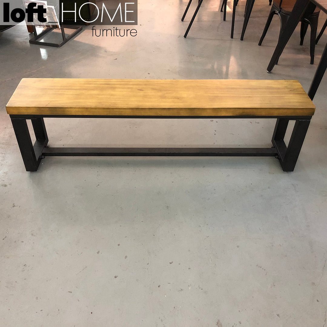Industrial pine wood dining bench classic in real life style.