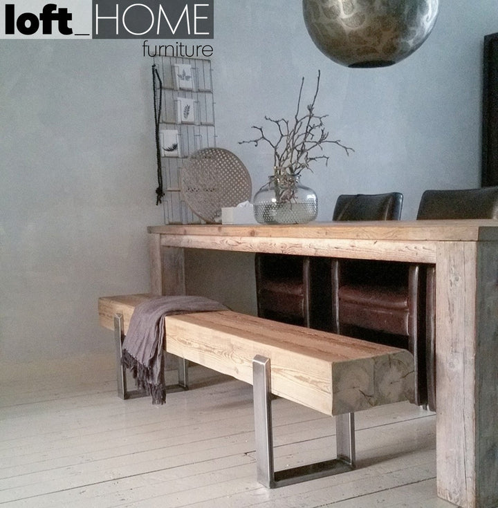 Industrial pine wood dining bench noer conceptual design.