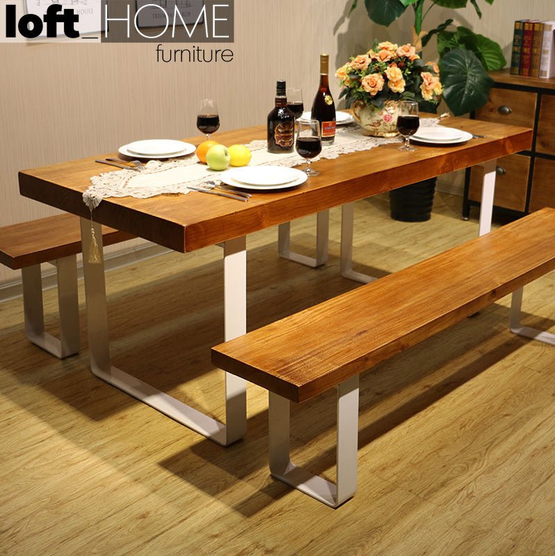 Industrial pine wood dining bench u shape material variants.
