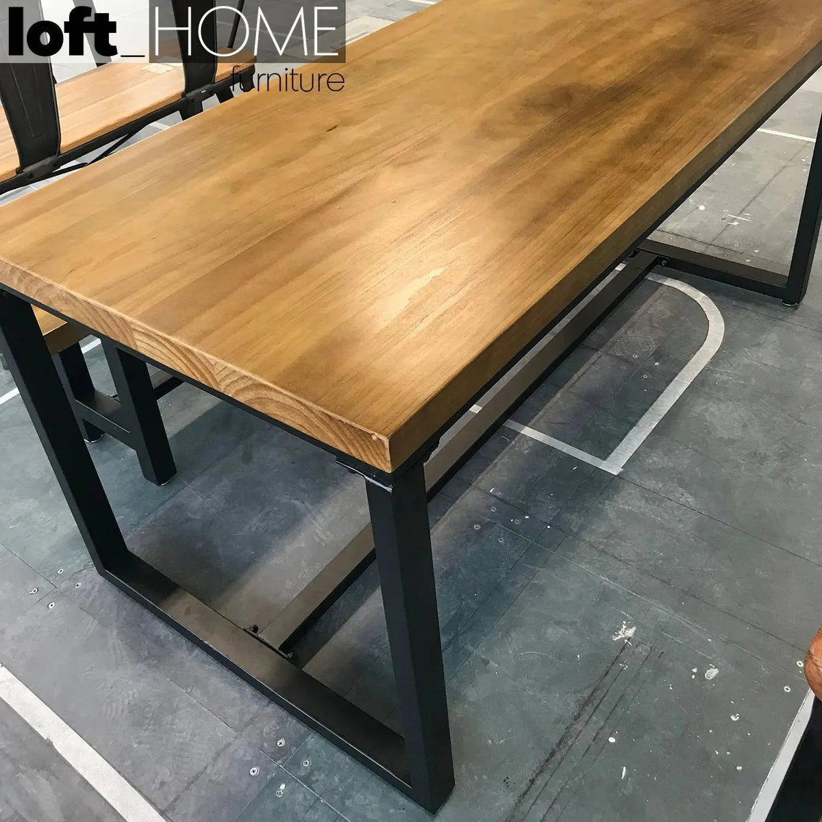 Industrial pine wood dining table classic in close up details.
