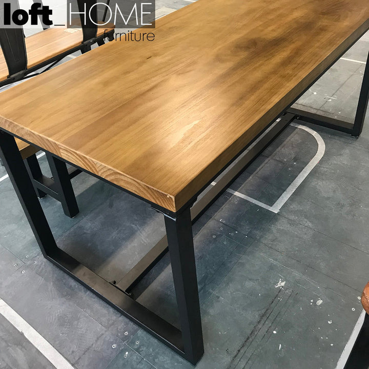 Industrial pine wood dining table classic in panoramic view.