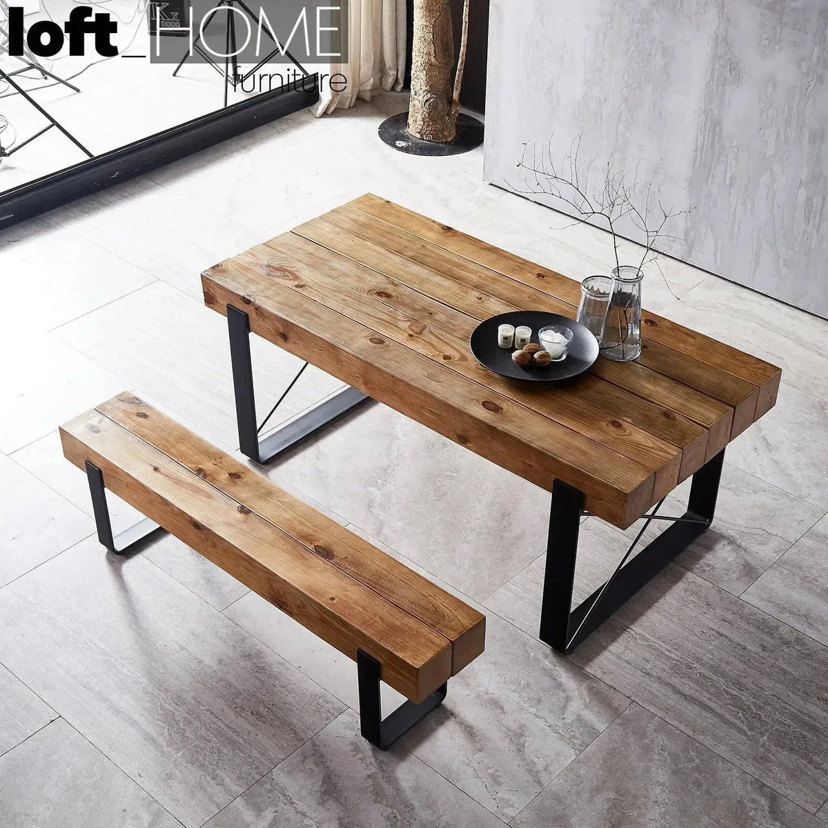Rustic pine wood dining table noer with context.