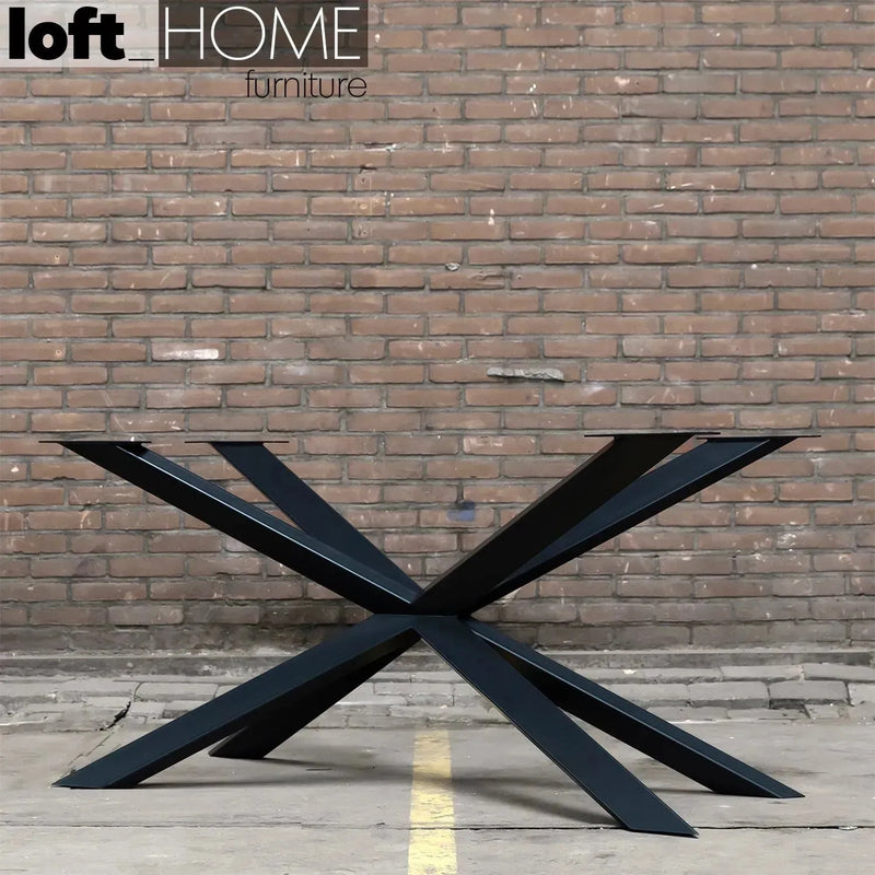 Industrial pine wood dining table spider in panoramic view.