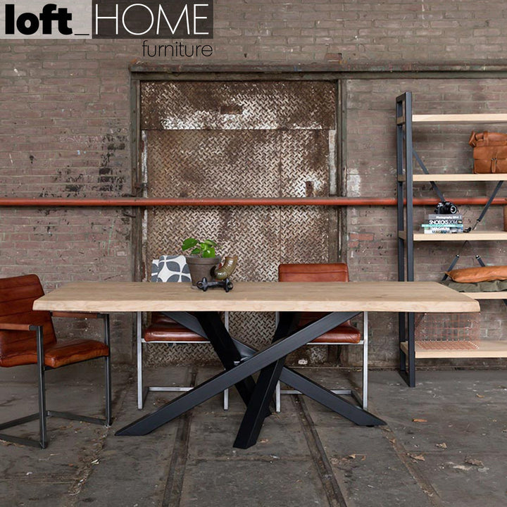 Industrial pine wood dining table twist material variants.
