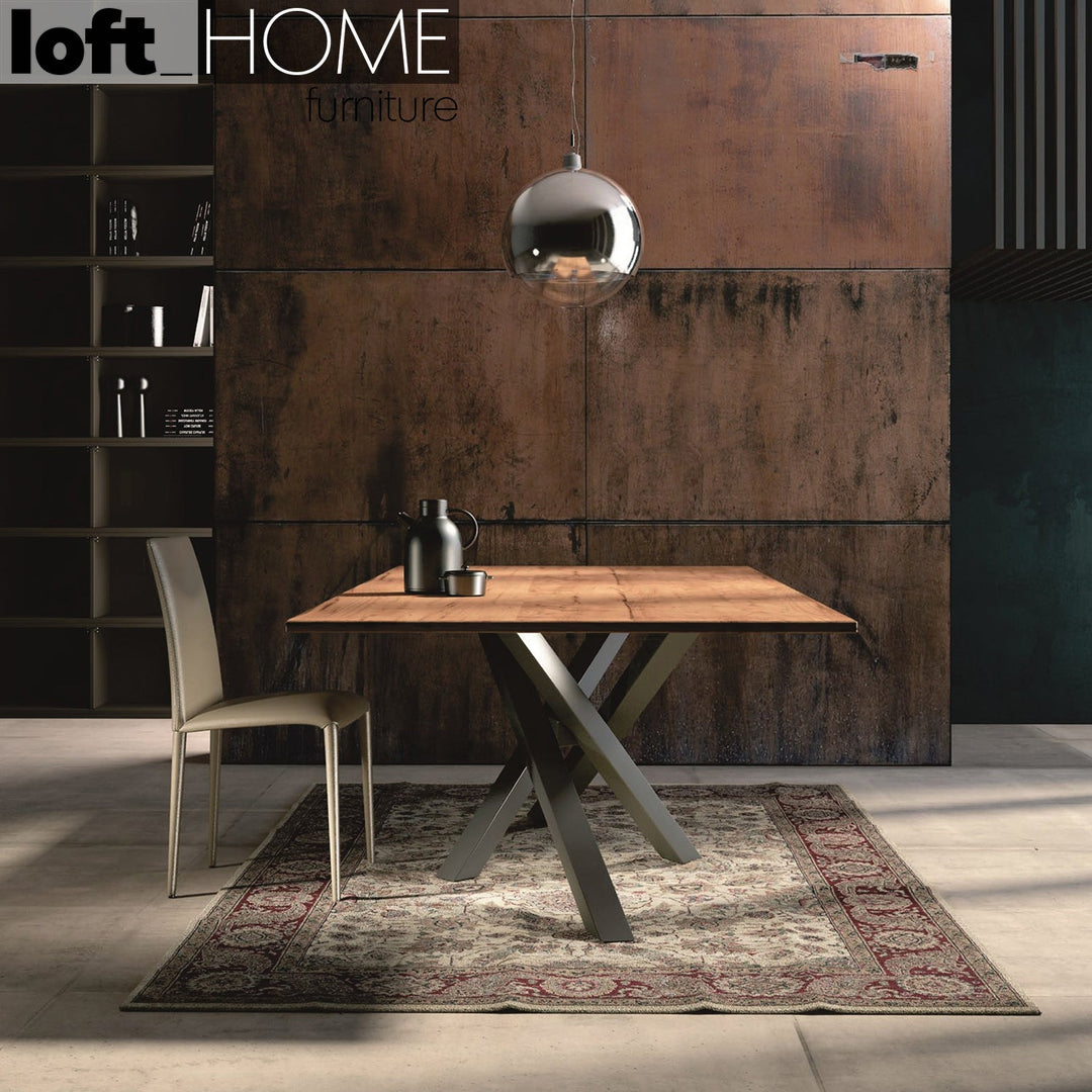 Industrial pine wood dining table twist in panoramic view.