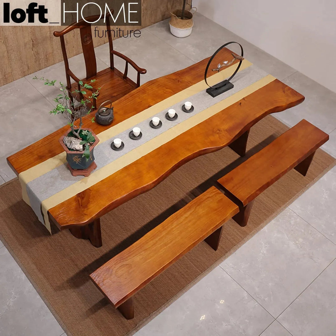 Industrial pine wood live edge dining bench whole solid wood with context.