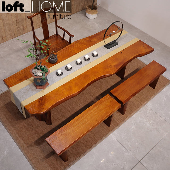 Industrial pine wood live edge dining bench whole solid wood in real life style.