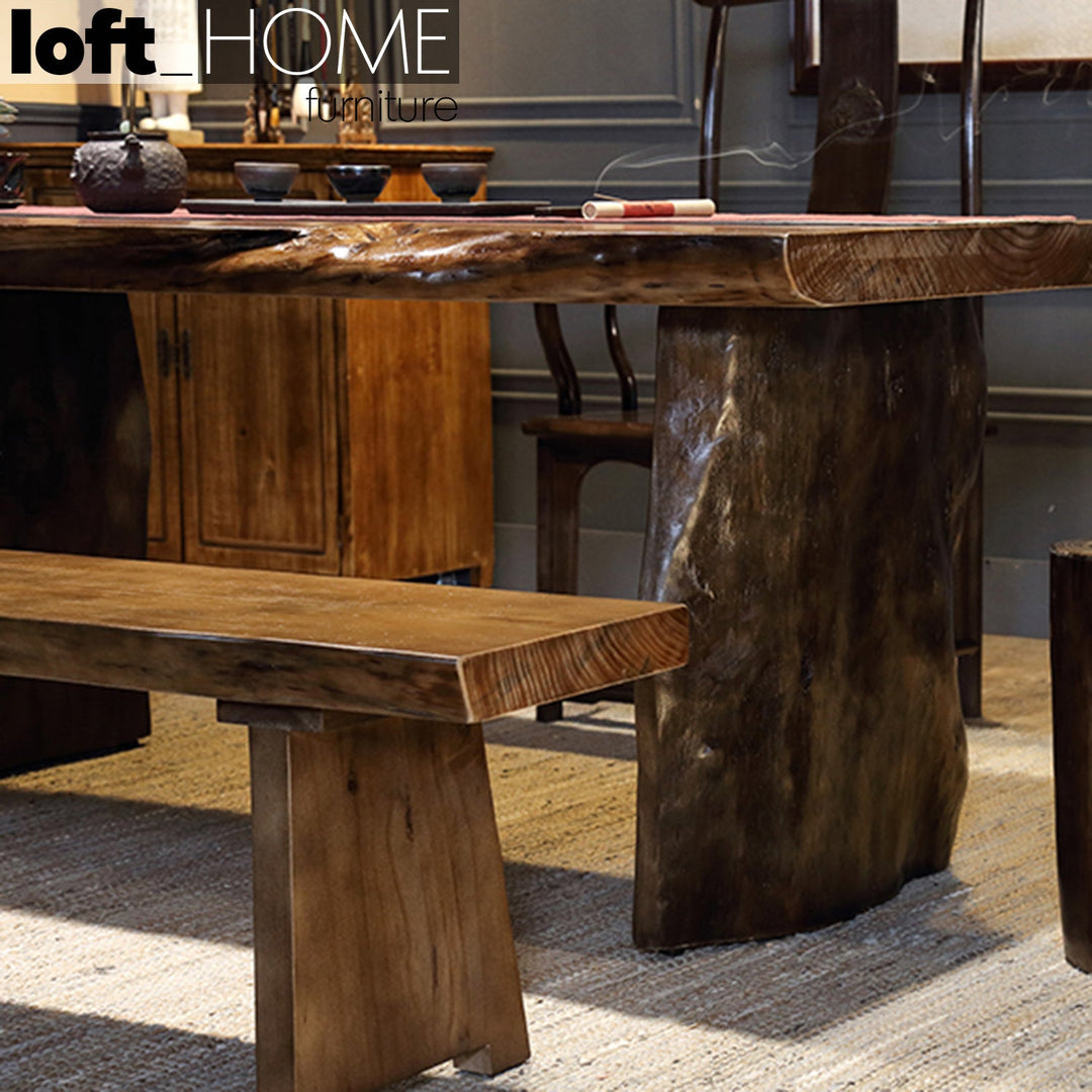Industrial pine wood live edge dining bench whole solid wood with context.