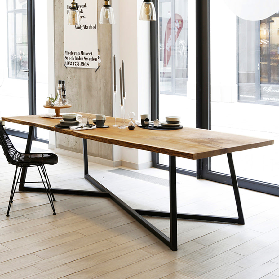 Industrial pine wood live edge dining table designer primary product view.