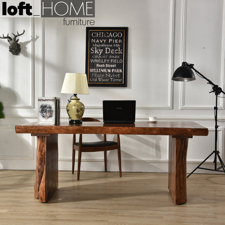 Industrial pine wood live edge dining table whole solid wood in real life style.