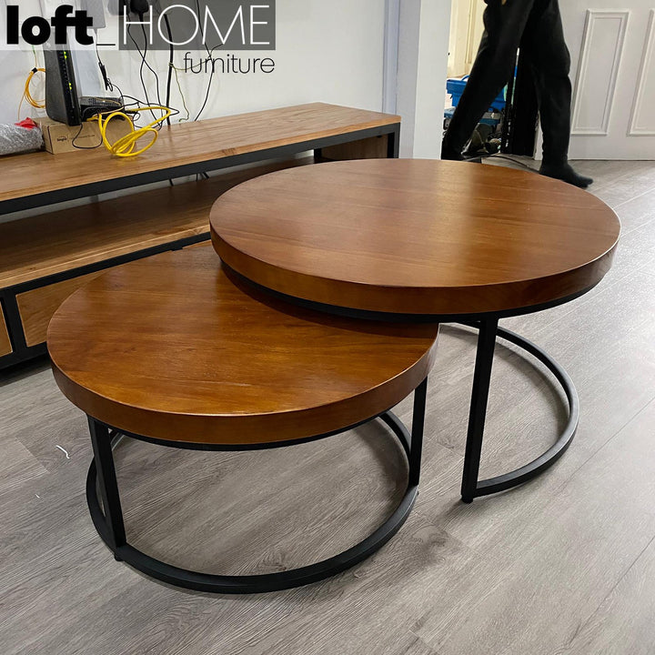 Industrial pine wood round coffee table classic in details.