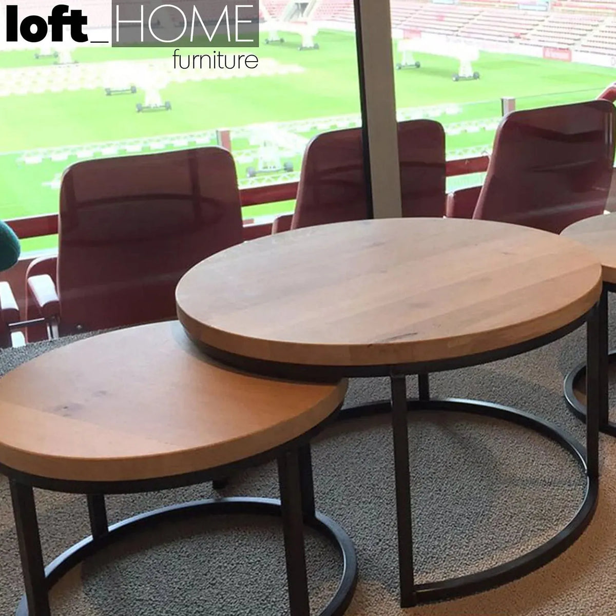 Industrial pine wood round coffee table classic material variants.