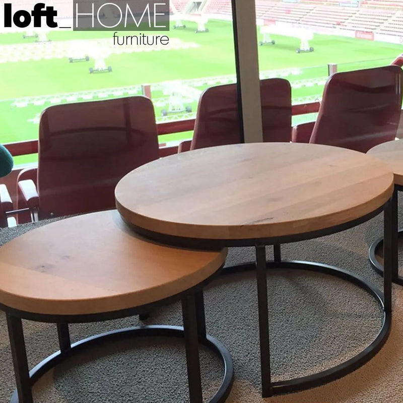 Industrial pine wood round coffee table classic material variants.