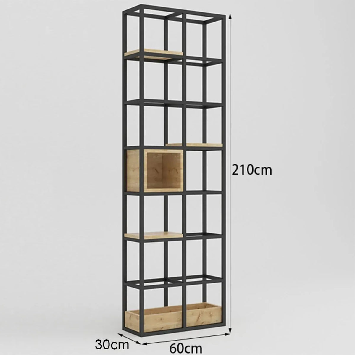 Industrial pine wood display shelf box size charts.