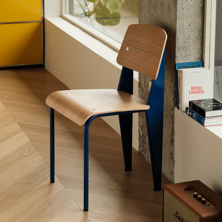 Industrial plywood dining chair standard in close up details.