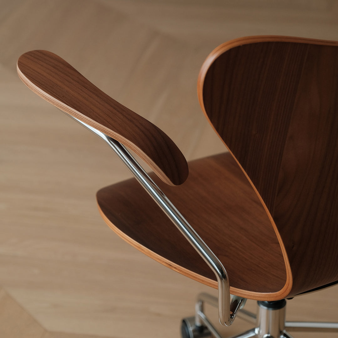 Industrial plywood study chair seven in still life.