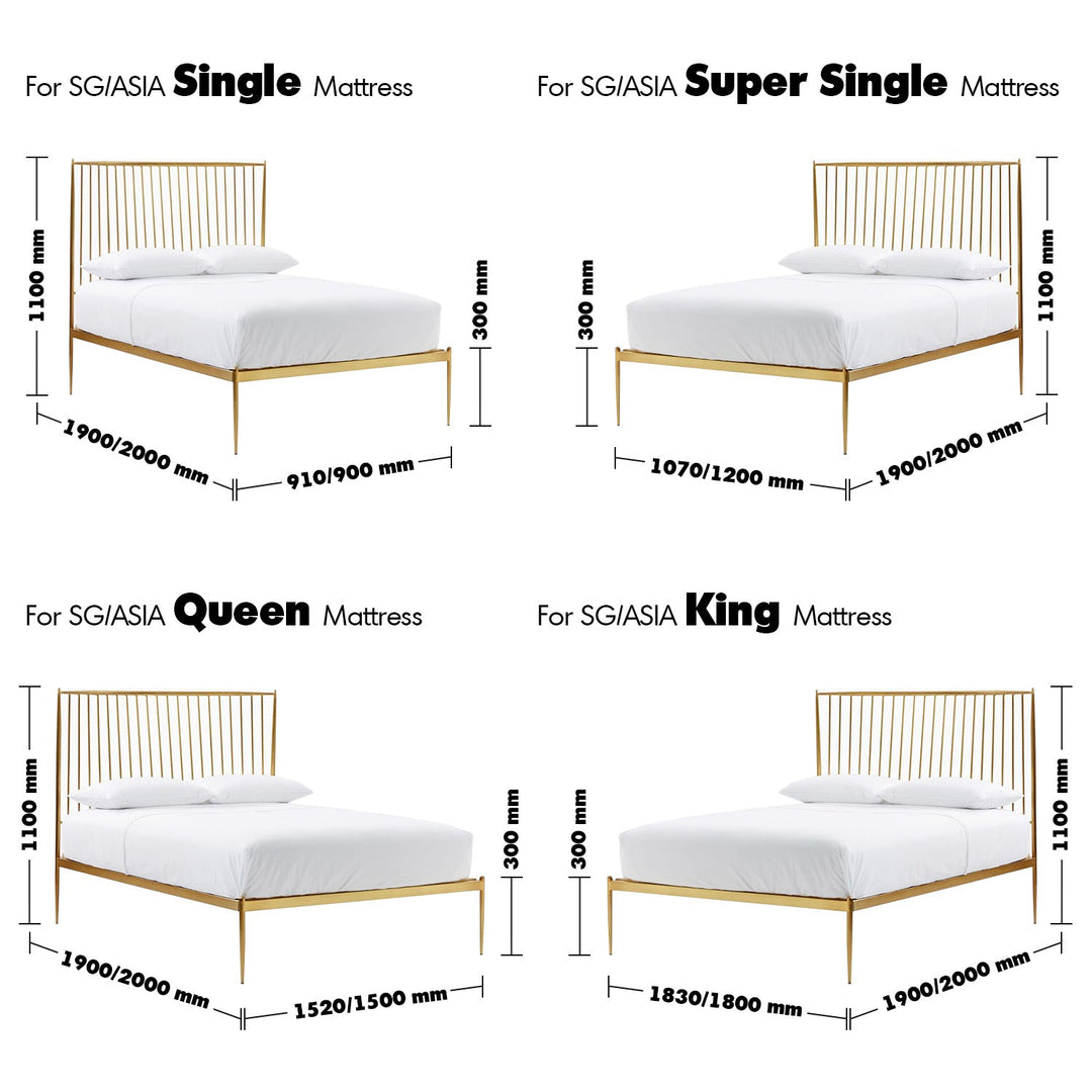 Industrial steel bed classic size charts.