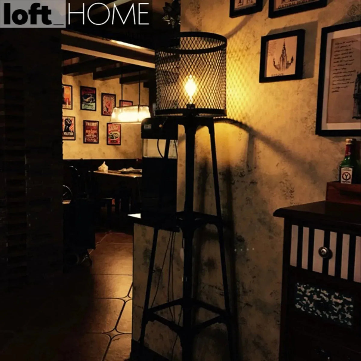 Industrial steel floor lamp mysteel in panoramic view.