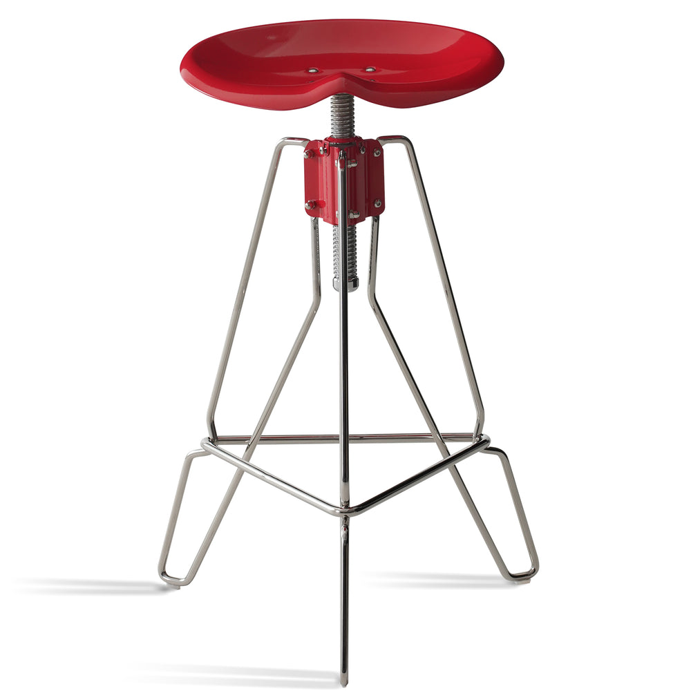 Industrial steel height adjustable bar chair spool in white background.