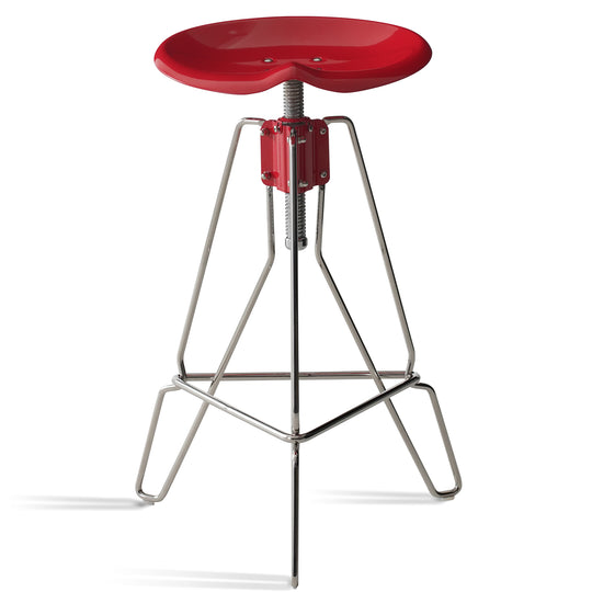 Industrial steel height adjustable bar chair spool in white background.