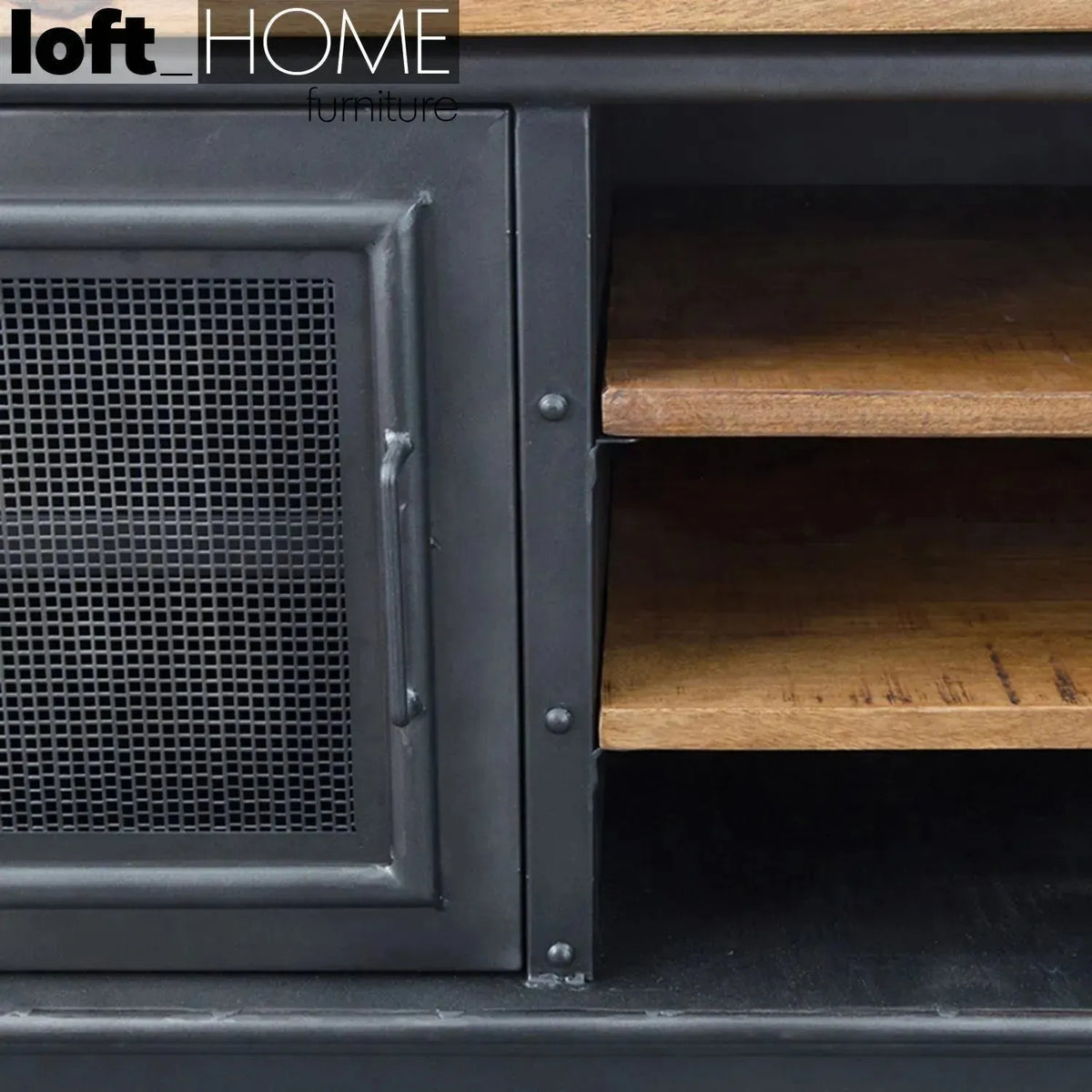 Industrial steel tv console mysteel wheel in close up details.