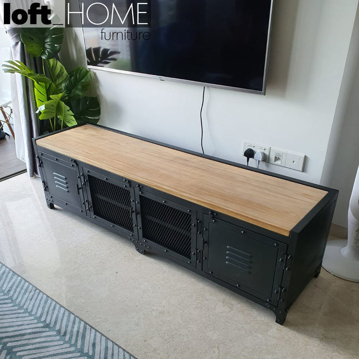 Industrial steel tv console mysteel in panoramic view.