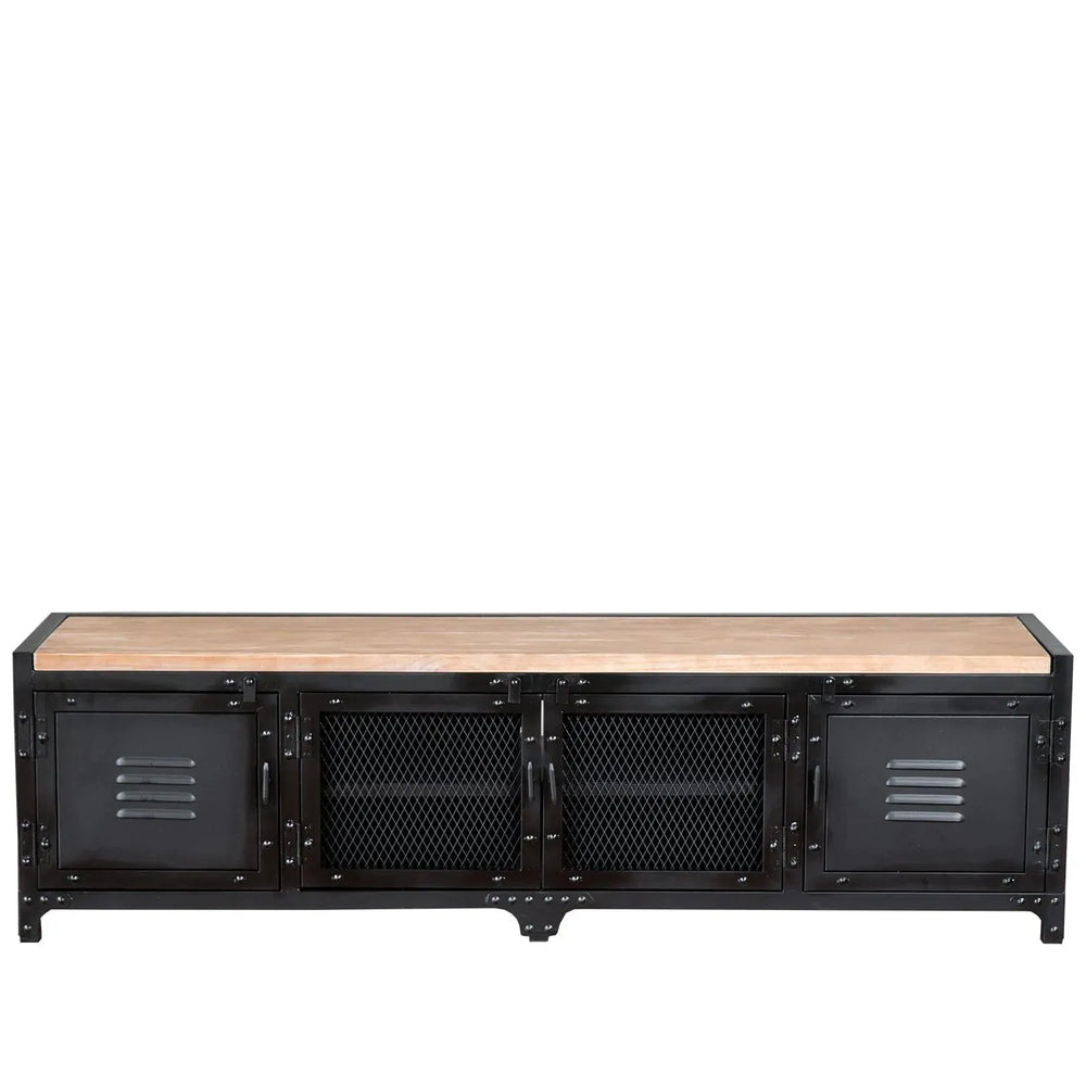 Industrial steel tv console mysteel in white background.