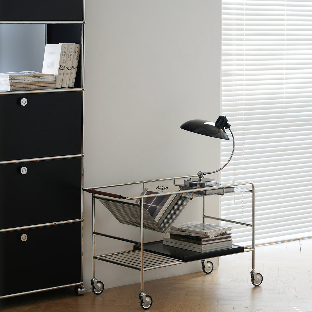 Industrial steel wheeled trolley side table manda in panoramic view.