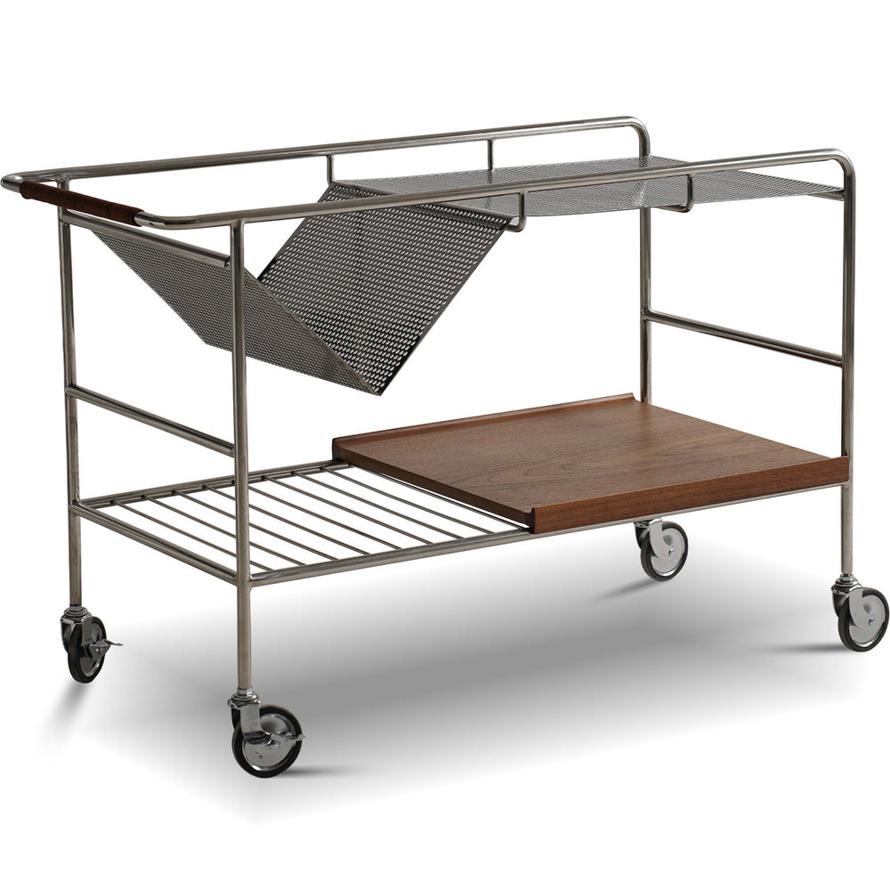 Industrial steel wheeled trolley side table manda in white background.